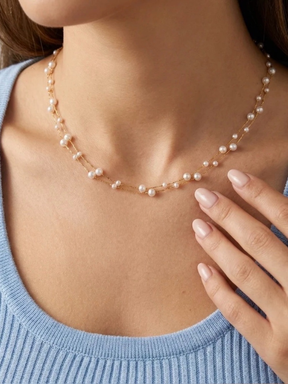 18k Gold Plated Double Strand Pearl Station Necklace . New.